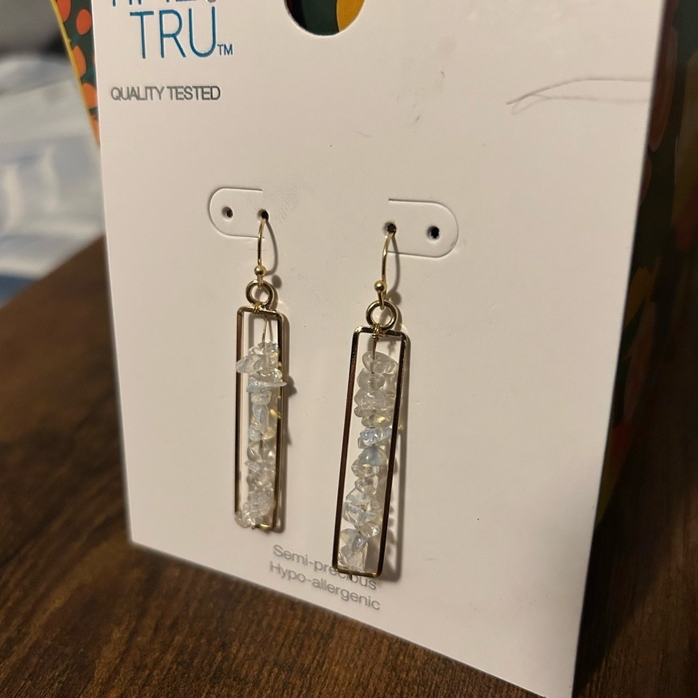 Time and Tru Drop Earrings Women OS Gold White NEW Semi-Precious Geometric Stone